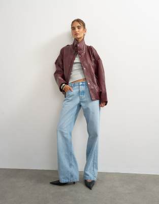 Topshop Faux Leather Funnel Neck Drawstring Bomber Jacket In Red