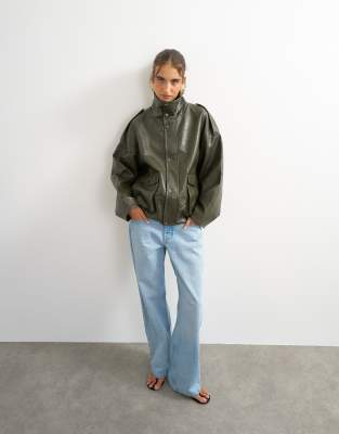 Topshop Faux Leather Funnel Neck Drawstring Bomber Jacket In Green