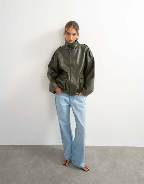 Topshop faux leather funnel neck drawstring bomber jacket in green - view 1
