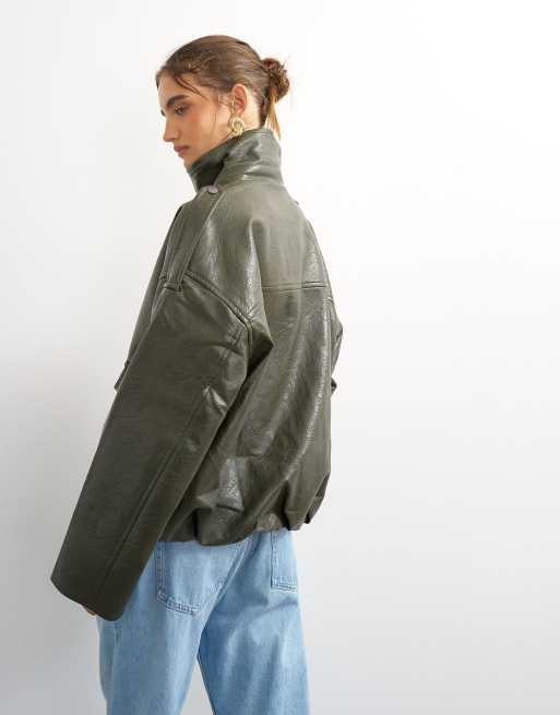 Topshop faux leather funnel neck drawstring bomber jacket in green, 2 of 4