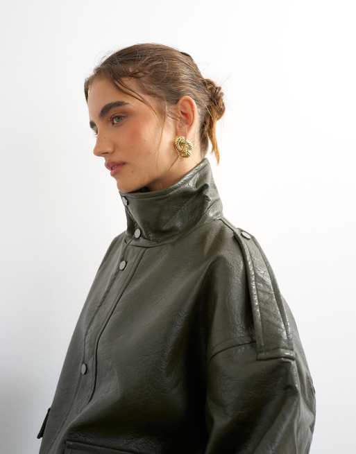 Topshop faux leather funnel neck drawstring bomber jacket in green, 4 of 4