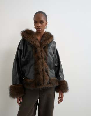 Topshop faux leather fur trim jacket in black | ASOS