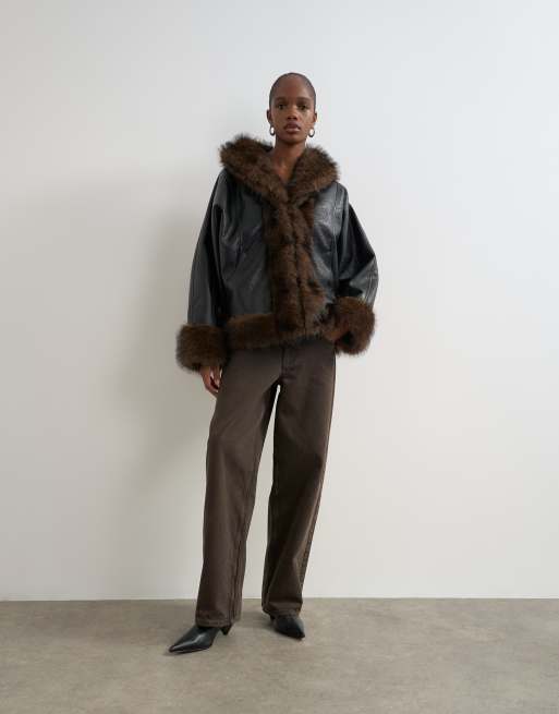Topshop faux leather fur trim jacket in black, 3 of 4