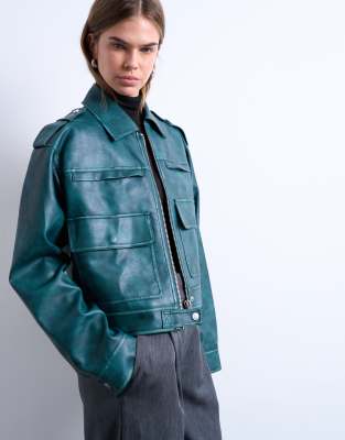 Faux leather heavy washed zip through jacket in teal | Topshop