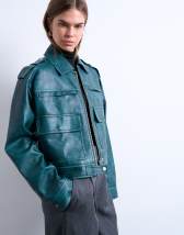 Topshop faux leather heavy washed zip through jacket in teal
