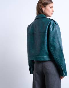 Model wearing Faux leather heavy washed zip through jacket in teal