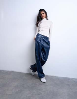 Topshop Faux Leather High Rise Pleated Straight Leg Pants In Blue