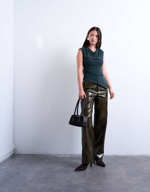 Topshop faux leather high shine scoop pocket wide leg pants in washed green  | ASOS