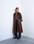 [Topshop] Topshop faux leather high shine trench coat in washed brown L Washed brown