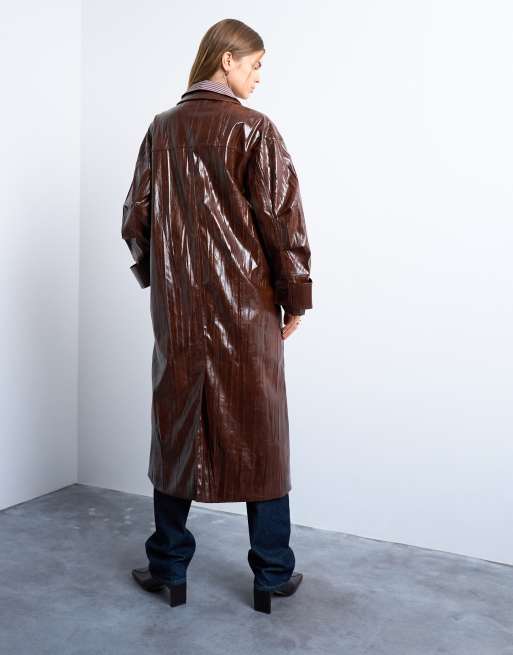 Topshop faux leather high shine trench coat in washed brown
