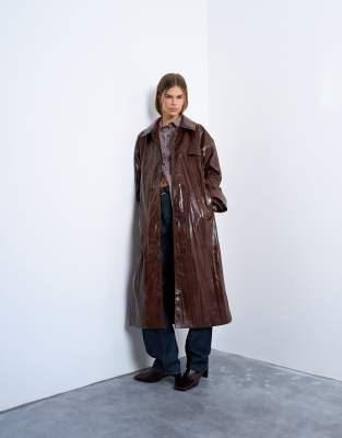 Topshop Faux Leather High Shine Washed Trench Coat In Brown