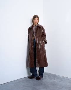 Faux leather high shine washed trench coat in washed brown