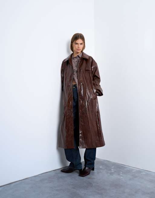 Topshop faux leather high shine washed trench coat in washed brown