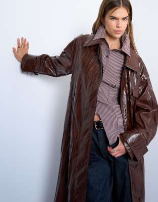 Topshop Faux Leather High Shine Washed Trench Coat In Brown