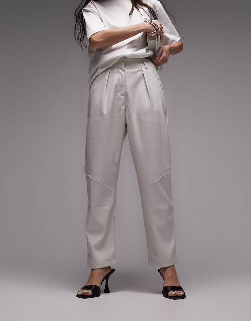 Topshop faux leather high waist pleated peg pants in ecru
