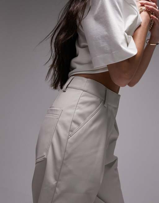 Topshop faux leather high waist pleated peg trouser in ecru | ASOS