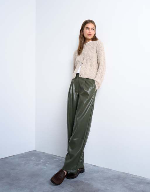 Topshop faux leather high waist pleated straight leg pants in khaki