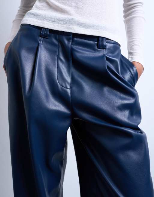 Topshop faux leather high waist pleated straight leg pants in navy