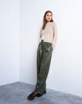 Topshop faux leather high waist pleated straight leg trouser  in khaki