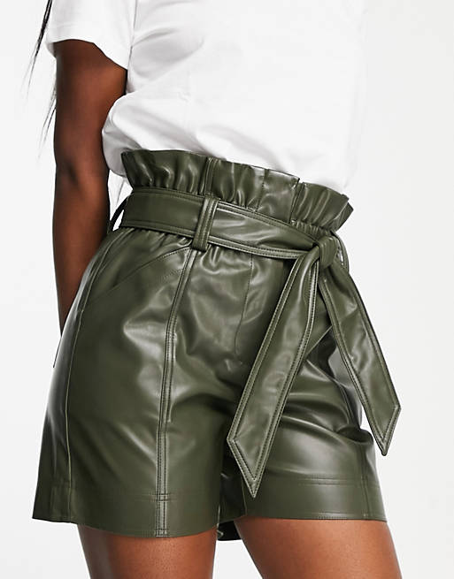 Topshop faux leather paperbag shorts with tie belt in khaki | ASOS