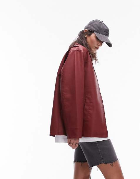 Topshop faux leather jacket with centre front zip in red - view 1
