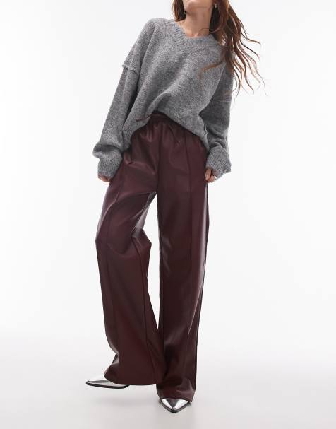 Topshop faux leather jogger in burgundy