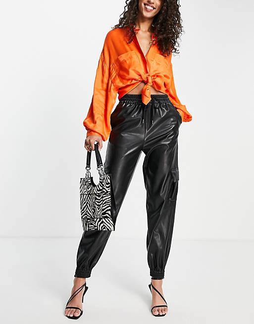 Women Topshop faux leather jogger with utility pockets in black 