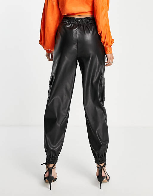 Women Topshop faux leather jogger with utility pockets in black 
