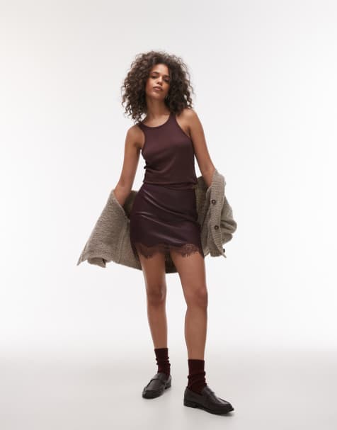 Topshop Faux leather lace insert mini skirt in burgundy