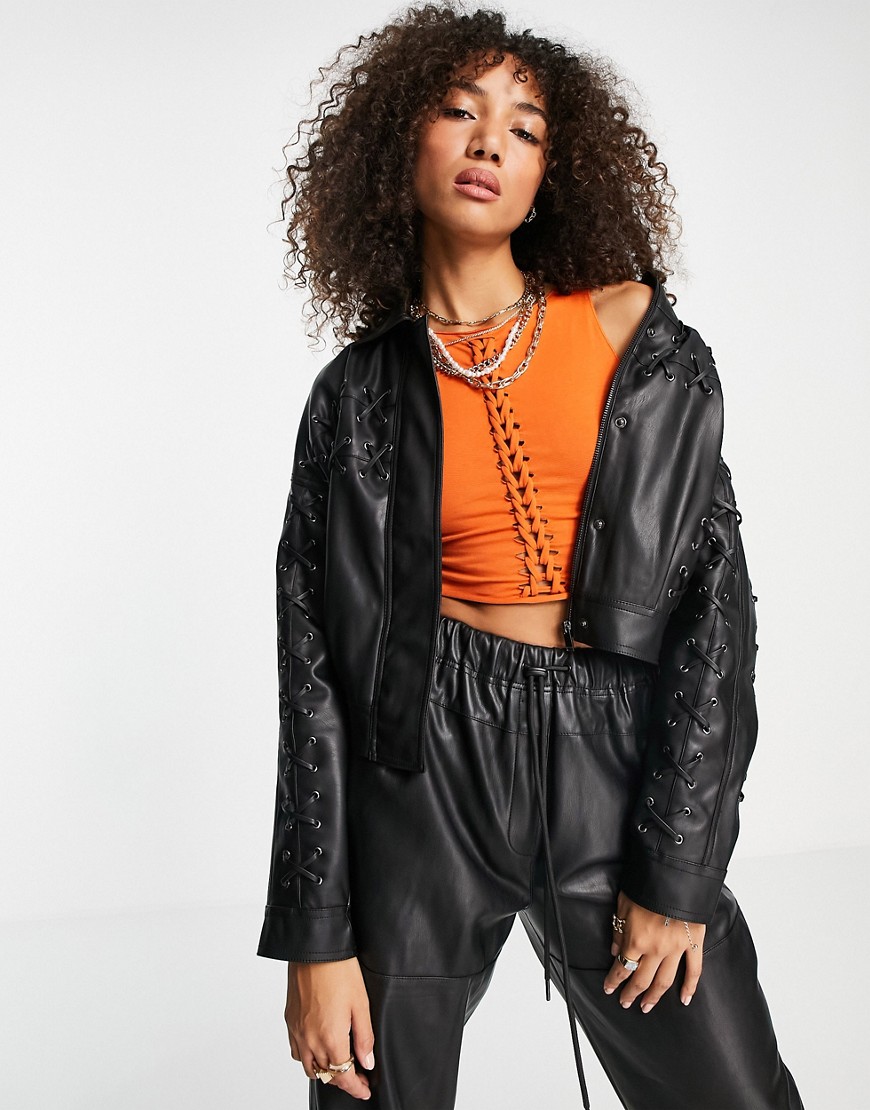 Topshop faux leather lace up detail jacket in black