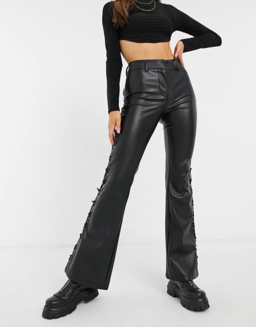 Topshop faux leather lace up flare pants in black | ASOS