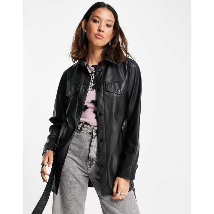 Black Faux Leather Long Sleeve Zip Front Shirt