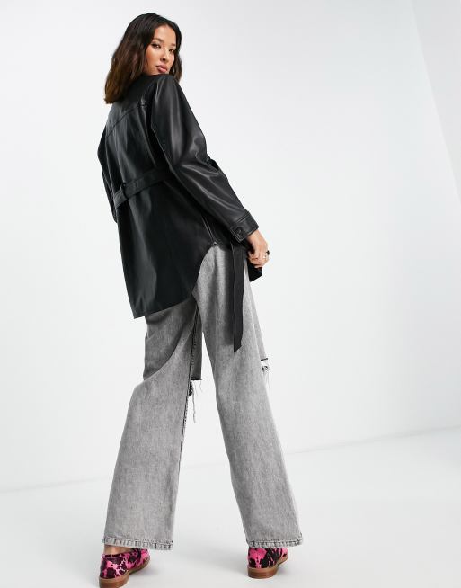Topshop faux leather long sleeve belted shirt jacket in black, 2 of 4