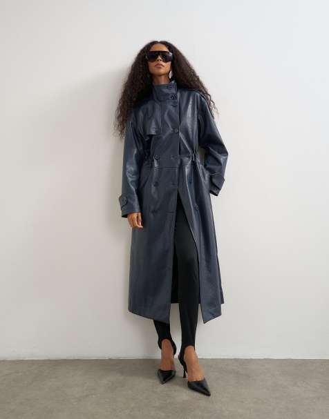Topshop faux leather longline cinch waist trench coat in navy - view 1