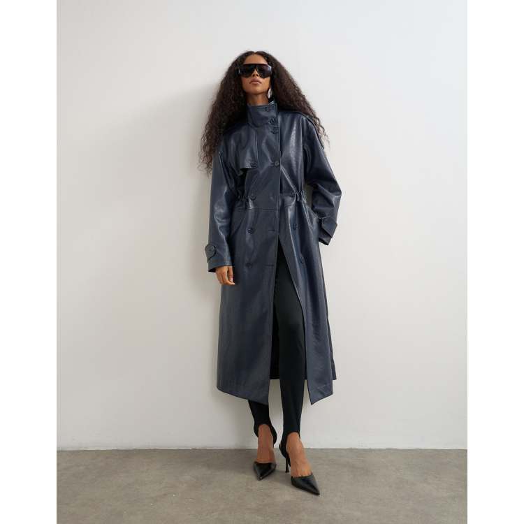 Topshop faux leather longline cinch waist trench coat in navy | ASOS