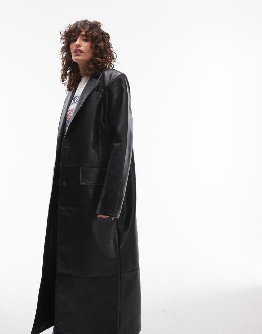 Topshop faux leather longline coat in black, 2 of 4