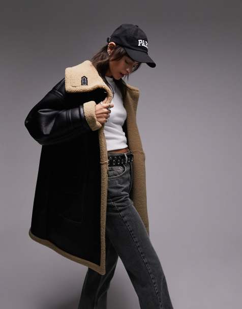 Topshop faux leather longline shearling car coat with borg lining in black - view 1