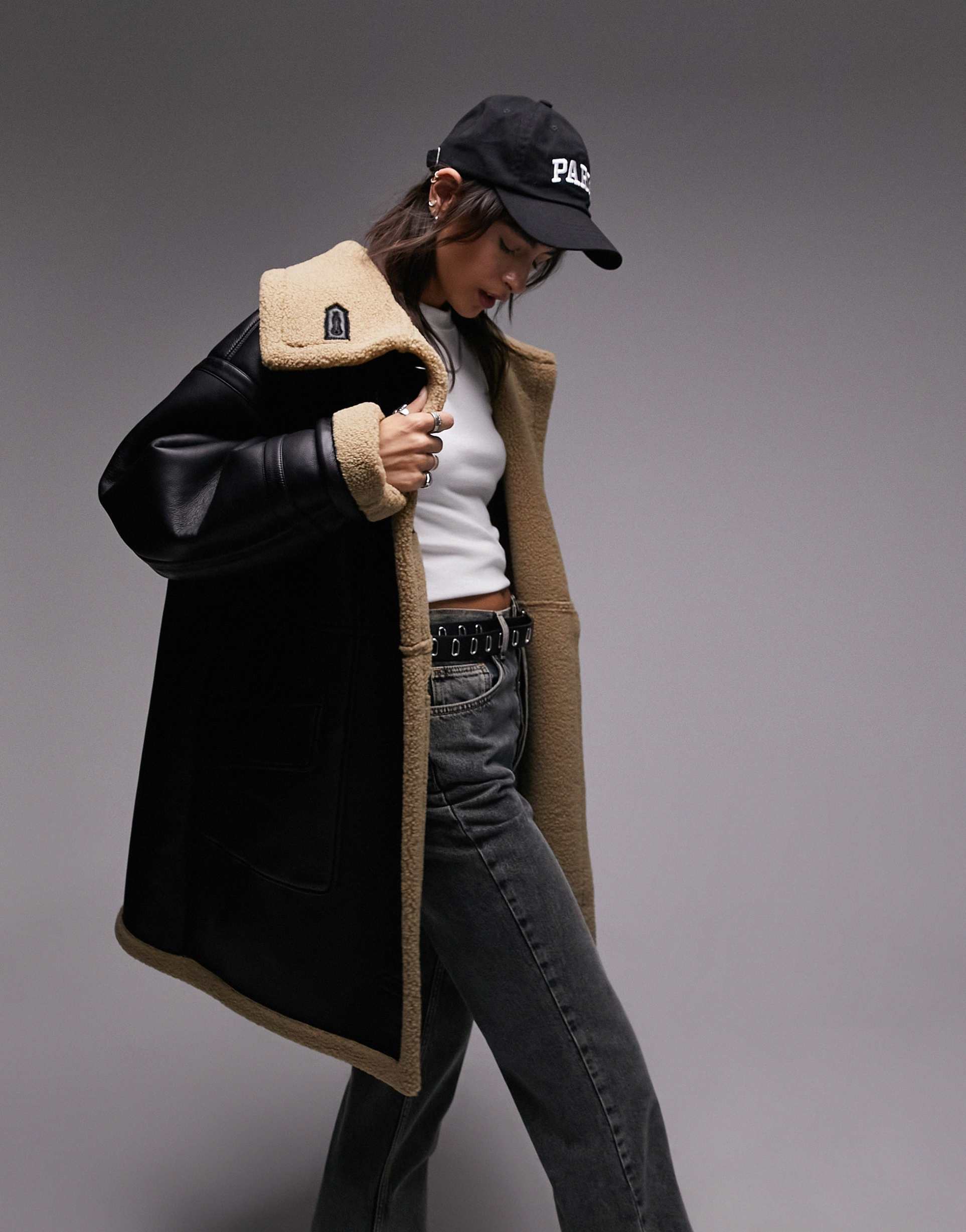 topshop faux leather longline shearling car coat with borg lining in black