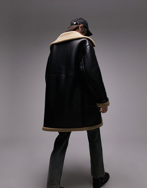 TOPSHOP Faux Leather Shearling Oversized Car Coat With Borg Lining