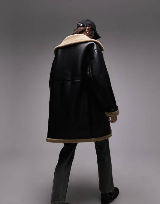 Topshop faux leather longline shearling car coat with borg lining