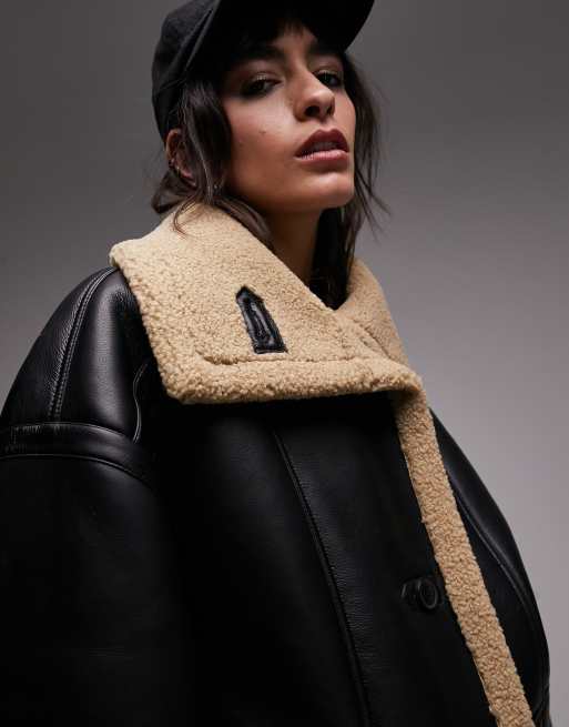 TOPSHOP Faux Leather Longline Shearling Car Coat With Borg Lining