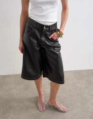 Topshop Faux Leather Longline Shorts In Black