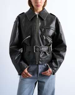 Faux leather low belted biker jacket in washed black