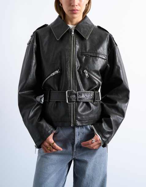 Topshop faux leather low belted biker jacket in washed black