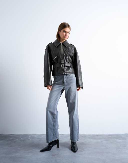 Topshop faux leather low belted biker jacket in washed black
