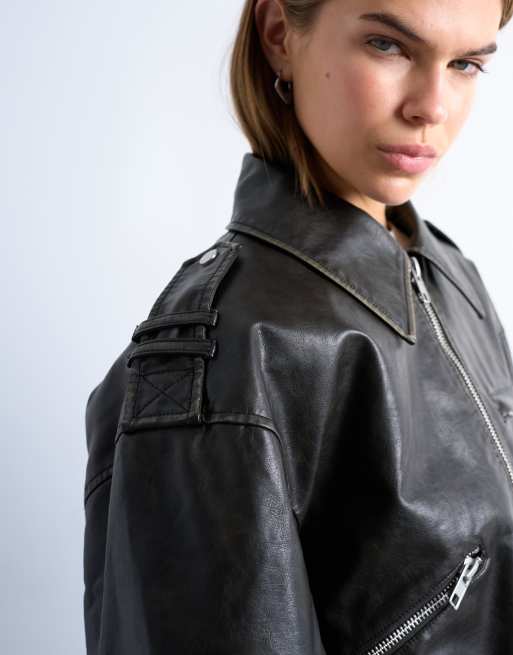 Topshop faux leather low belted biker jacket in washed black, 3 of 4