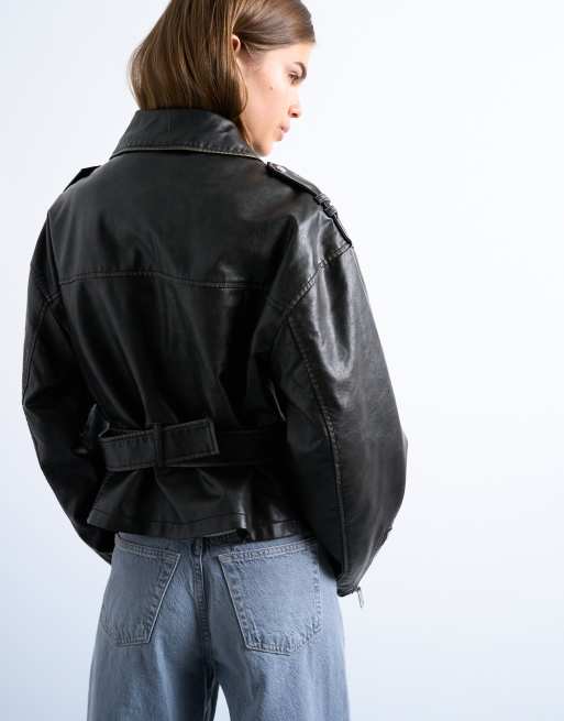 Topshop faux leather low belted biker jacket in washed black