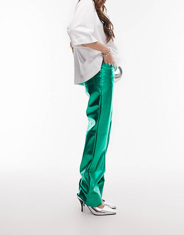 Topshop - faux leather low rise tab waist straight leg metallic trouser in green