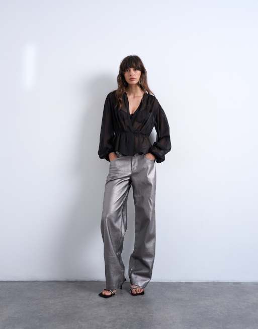 Topshop faux leather metallic cinch trouser in silver
