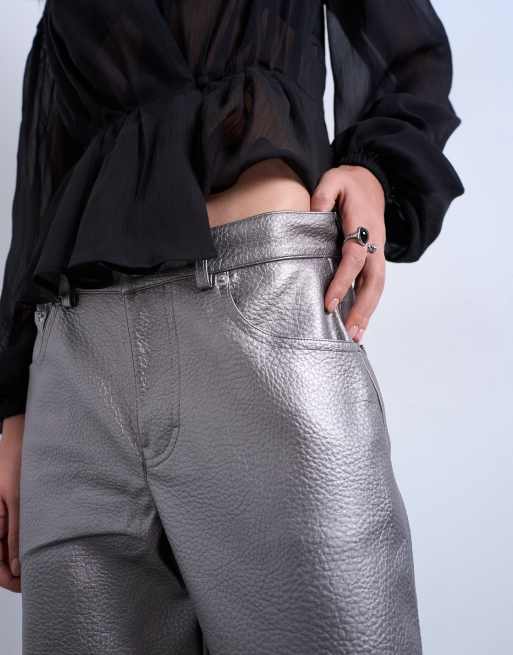 Topshop faux leather metallic cinch trouser in silver